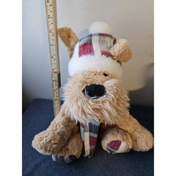 Gentle Treasures Terrier Dog Plush Weighted Brown Sitting Plaid Hat Scarf Feet‎ - Picture 7 of 8